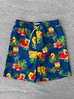 Nickelodeon SpongeBob Swim Trunks Boys XL 14-16 Blue Tropical Kidcore Beach Pool
